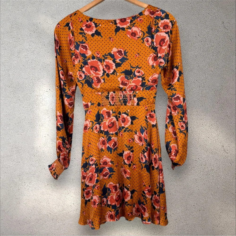 FREE PEOPLE Morning Light Marigold Floral Mini Dress Cut Out Long Sleeve Size 6‎ - Image 7