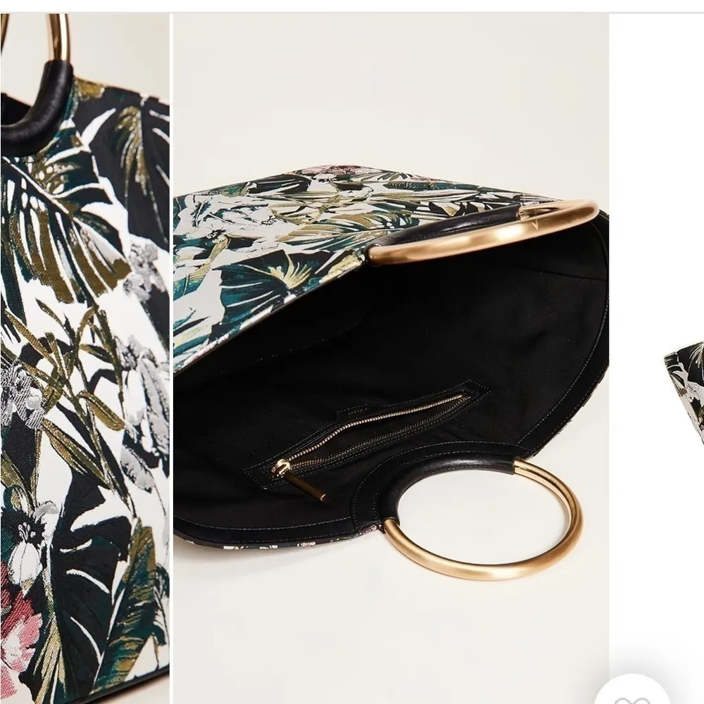 Flynn Hampton Flora Metallic Weave Floral Tote Bag Purse Metallic Ringed Handles Black - Image 6