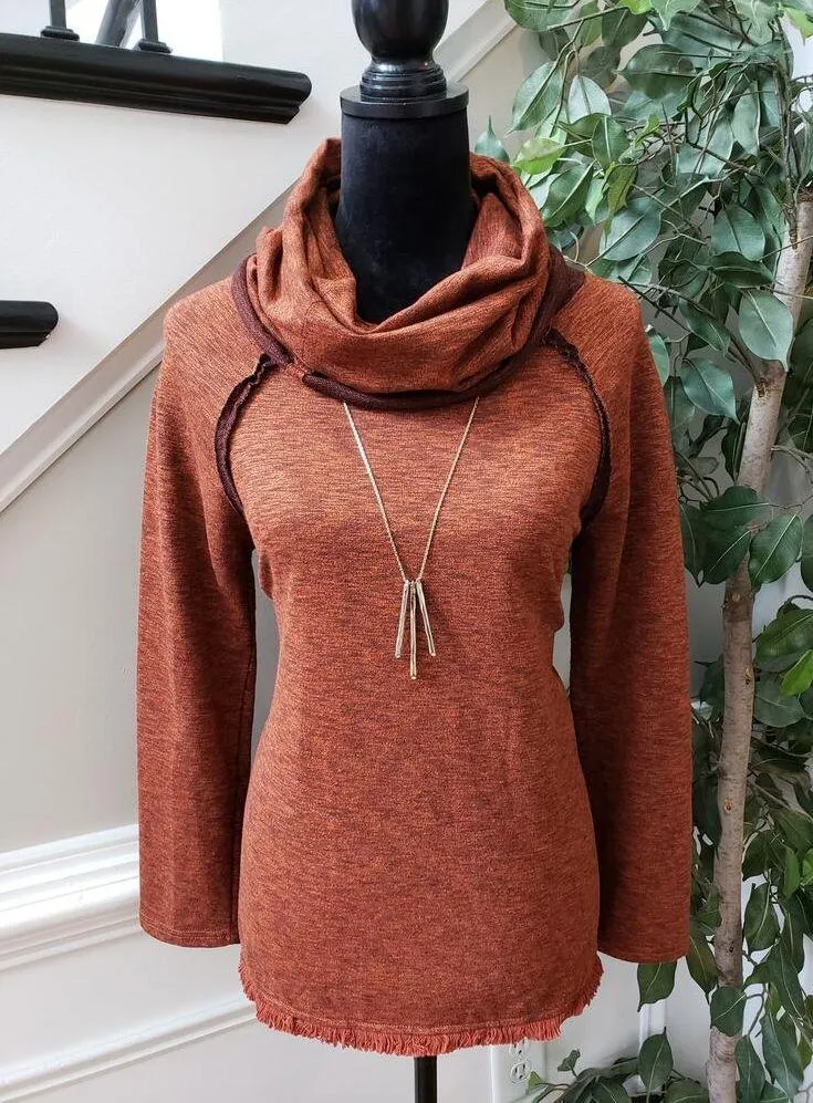 Umgee Sweater Women's Size Small Brown Cowl Neck Cotton Fringed High Low Slit - Image 5