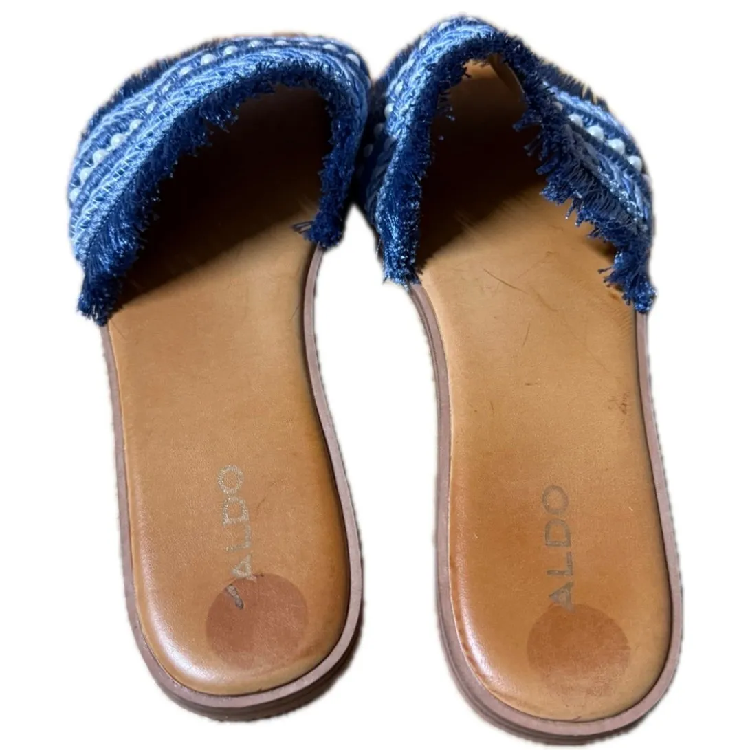 ALDO Denim Fringe Slide Sandals | Size 8 | Pearl Embellished - Image 3