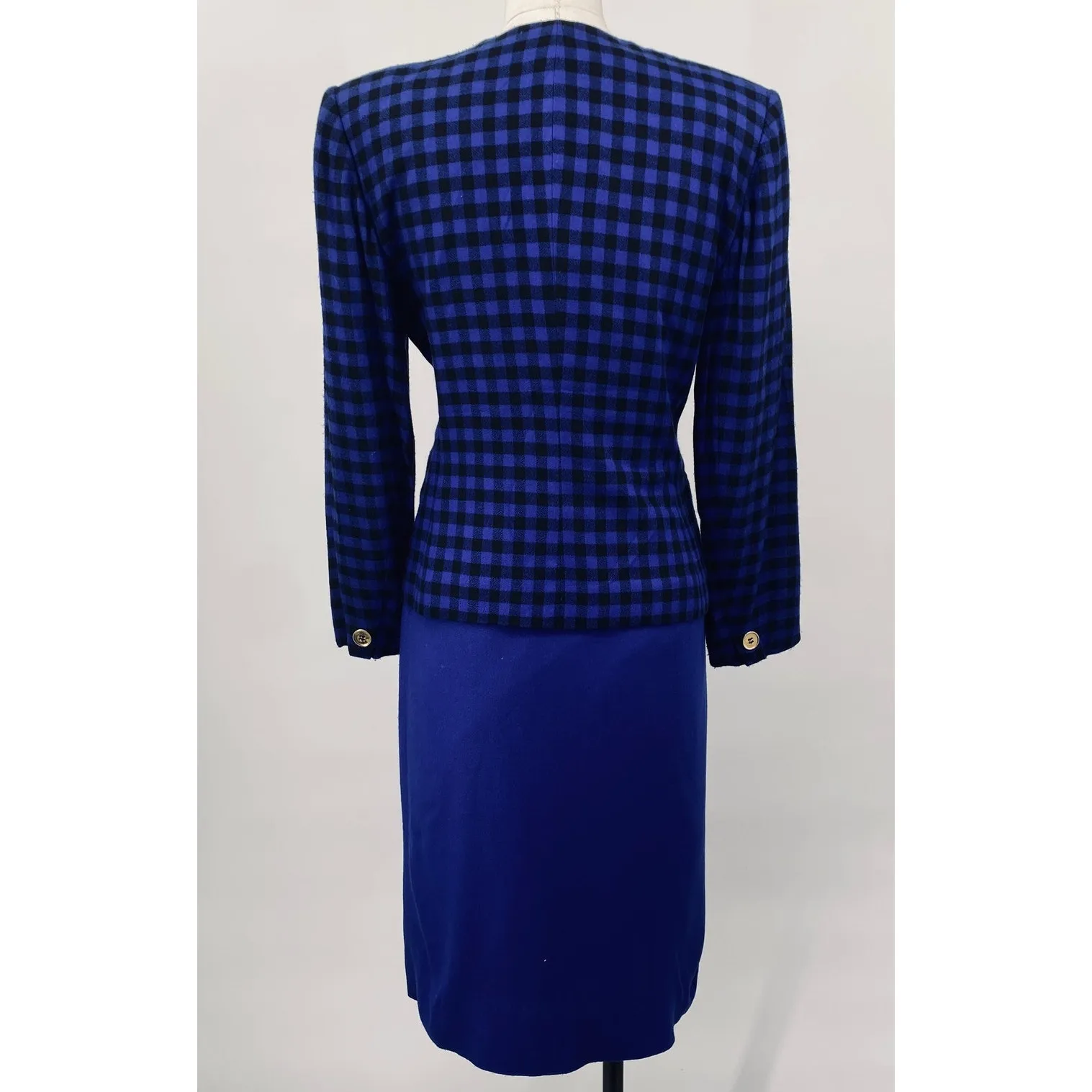Vintage 80s Skirt Suit Set Gingham Plaid Blazer Gold Buttons Cobalt Blue Black 8 - Image 8