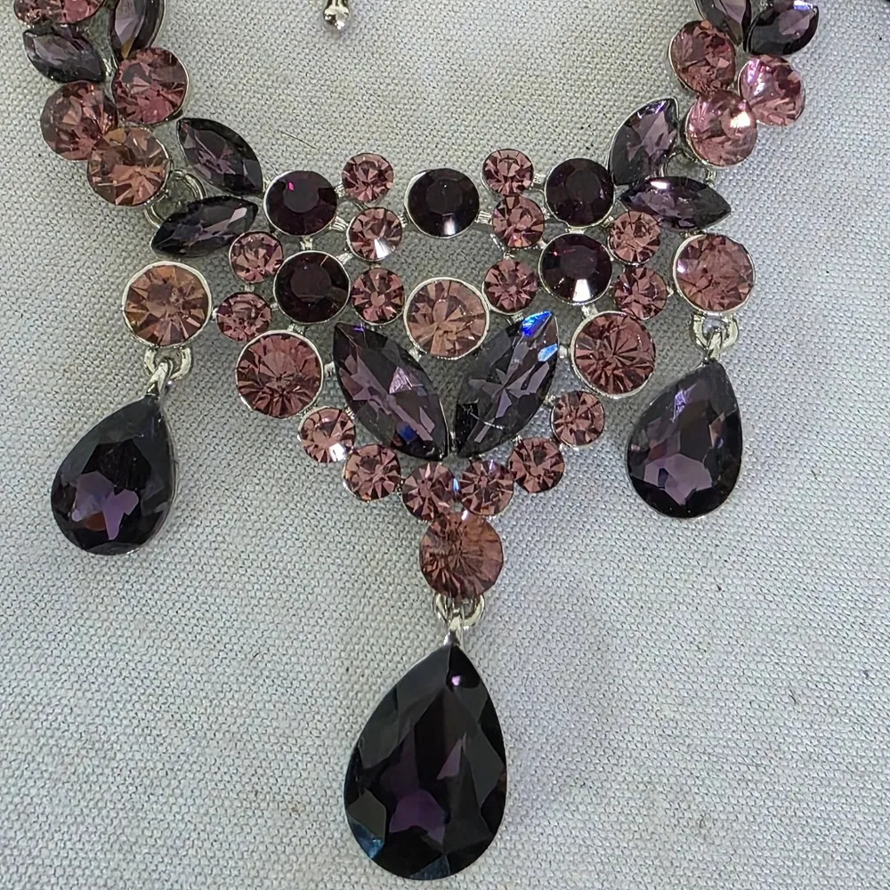 Statement Silver Purple and Pink Crystal Necklace and Earrings Set - Image 4