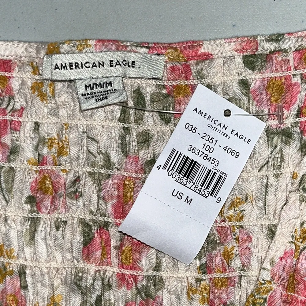 American Eagle NWT Size M Plaid - Floral Smock Elastic Peplum Hemline Cotton Top - Image 5