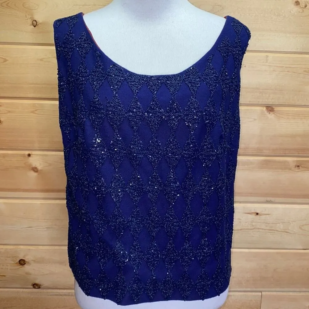 Handmade Beaded Sequin Diamond Tank Top Blouse Blue Size L - Image 2