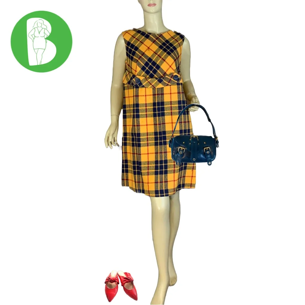 VINTAGE 1960'S M.H. FINE CO YELLOW & BLUE PLAID WOOL BLEND SHIFT DRESS (12) - Image 2