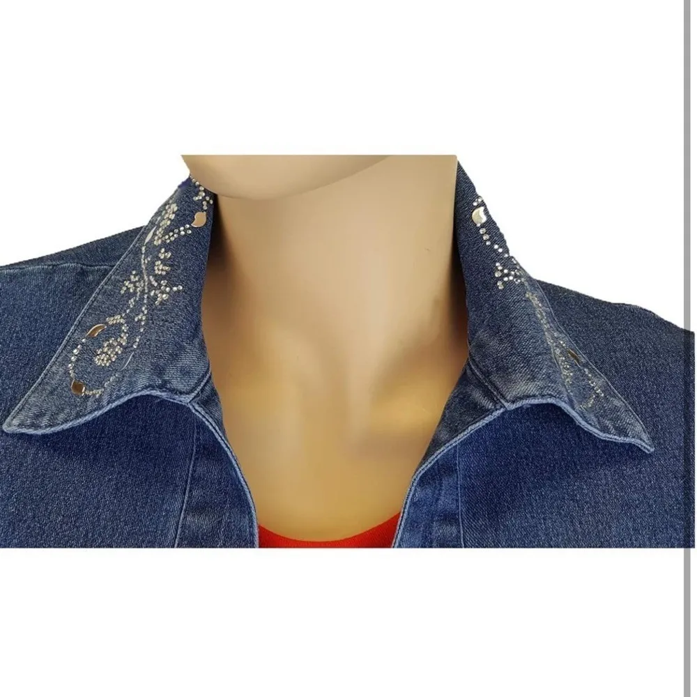 EUC Distinct Classic denim open jacket‎ M urgly Diamond Embellished Boho Office Blue Size M - Image 3