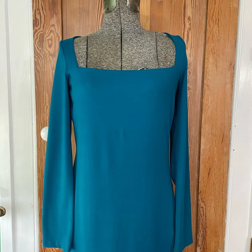 NWT Susan Monaco Jersey Knit Square Neck Slit Midi Dress in Sea Blue ~ Large - Image 3