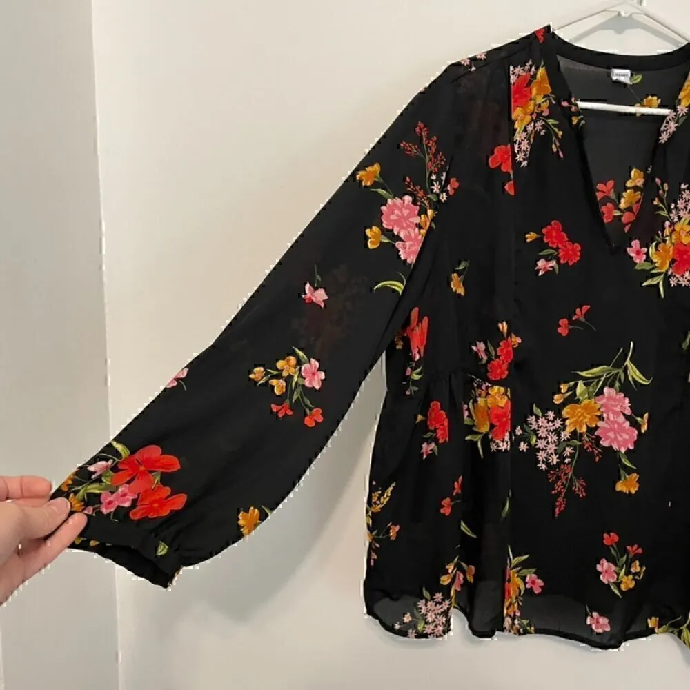 OLD NAVY Floral Print Georgette Swing Blouse Black Multi Long Sleeve Boho Top - Image 7