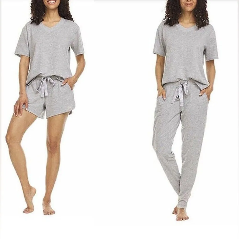 Flora Nikrooz French Terry 3 Piece Lounge Set Top Jogger Short Gray Sleepwear - Image 5