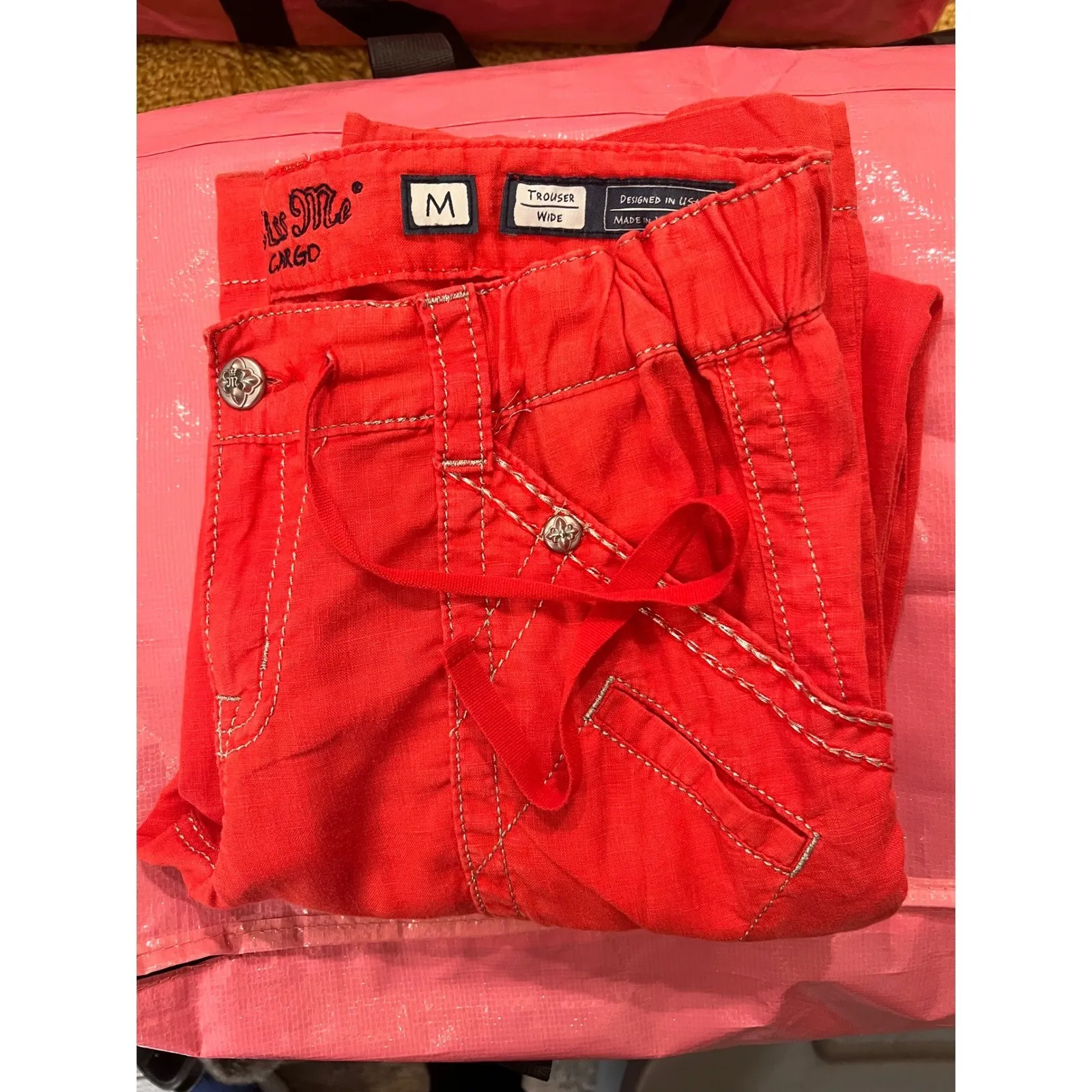 Miss Me Cargo Pants Trouser Medium Red 100% Linen Wide Leg BLING Boho Y2K TALL - Image 13