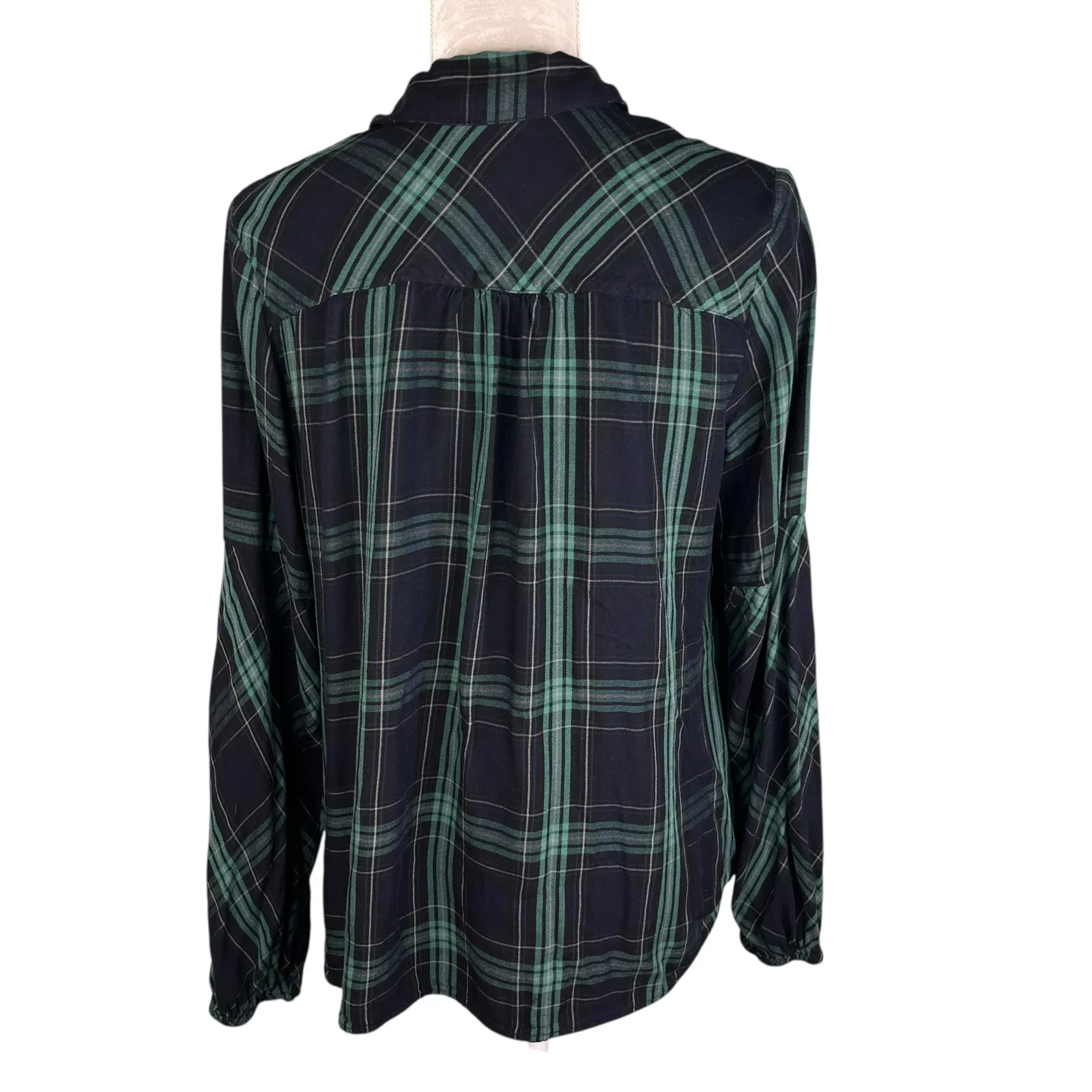 CAbi Big Sur Flannel Button Down Shirt Green Navy Plaid Large - Image 2