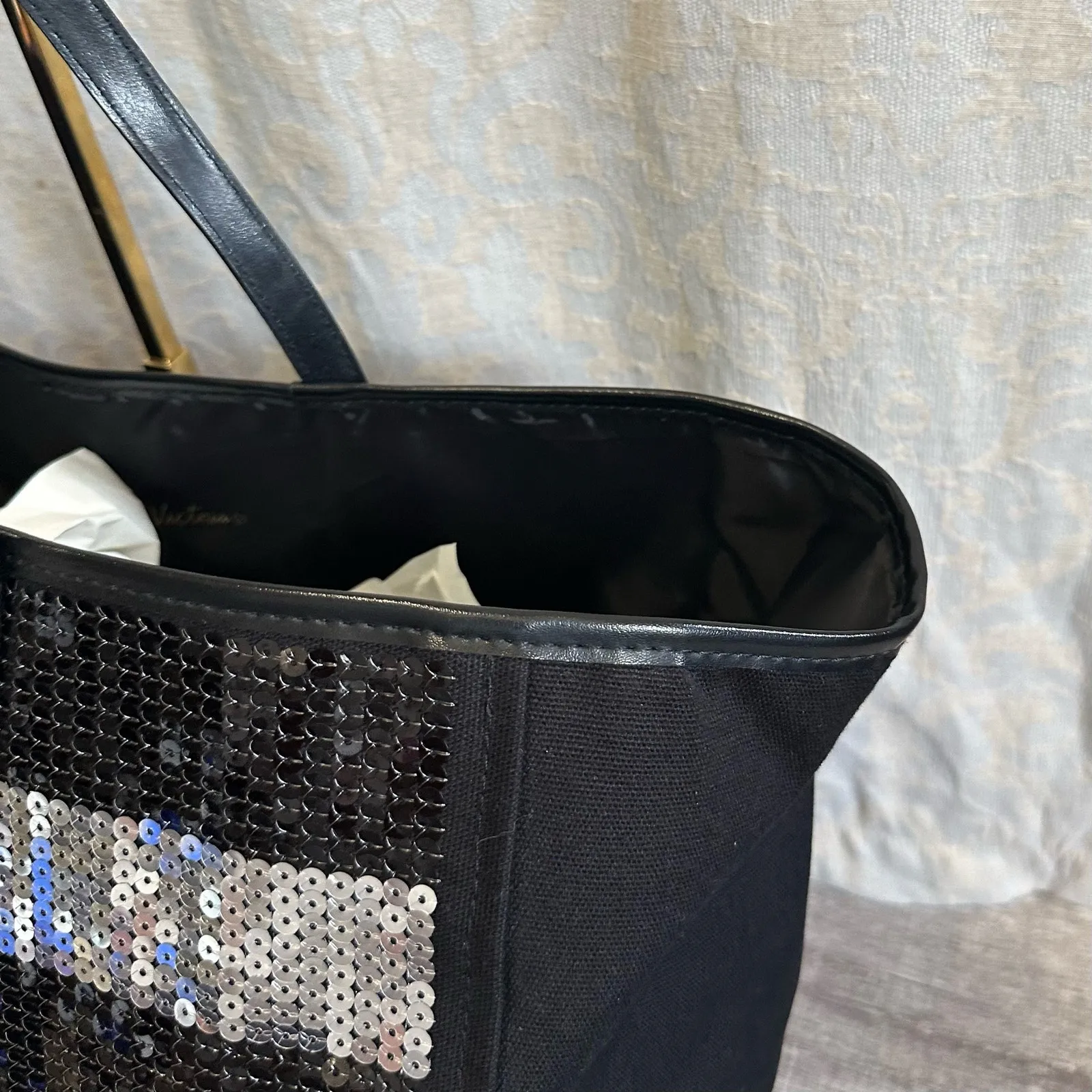 Victorias Secret Metallic Sequin Striped Large Black Tote Gold Red Silver Bag - Image 5