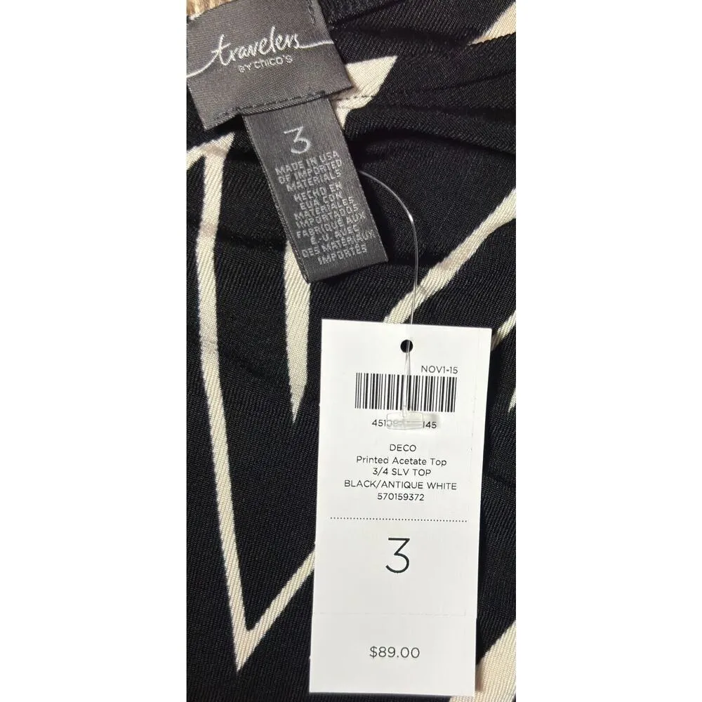 New Chico's Travelers Tunic Size XL Black Geometric Zig Zag V Neck Artsy - Image 8