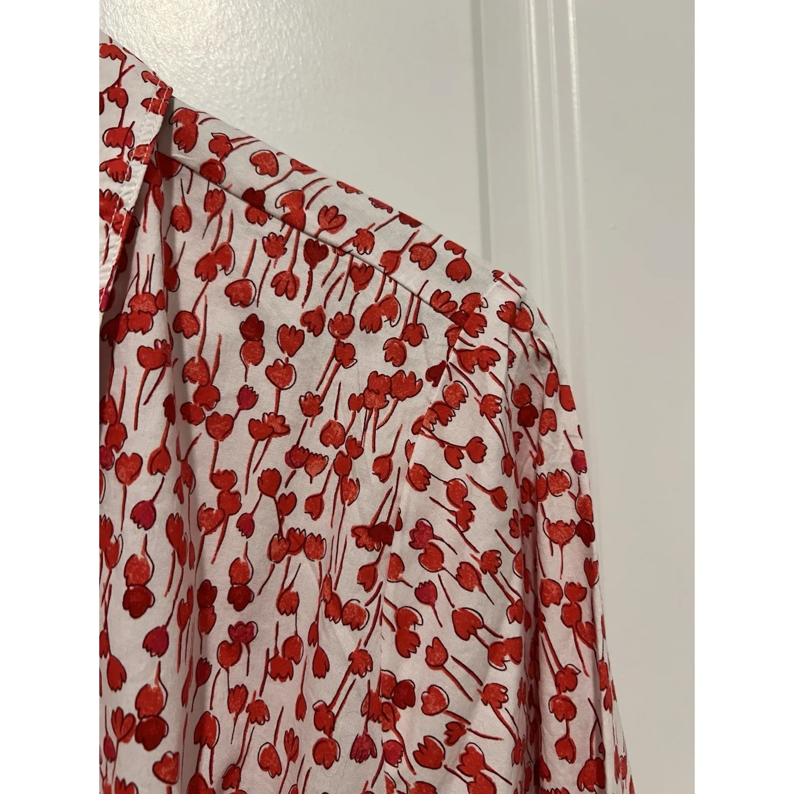 Lands End Womens Poplin Button Front Dress Godets White/Red Painted Posies XL - Image 6