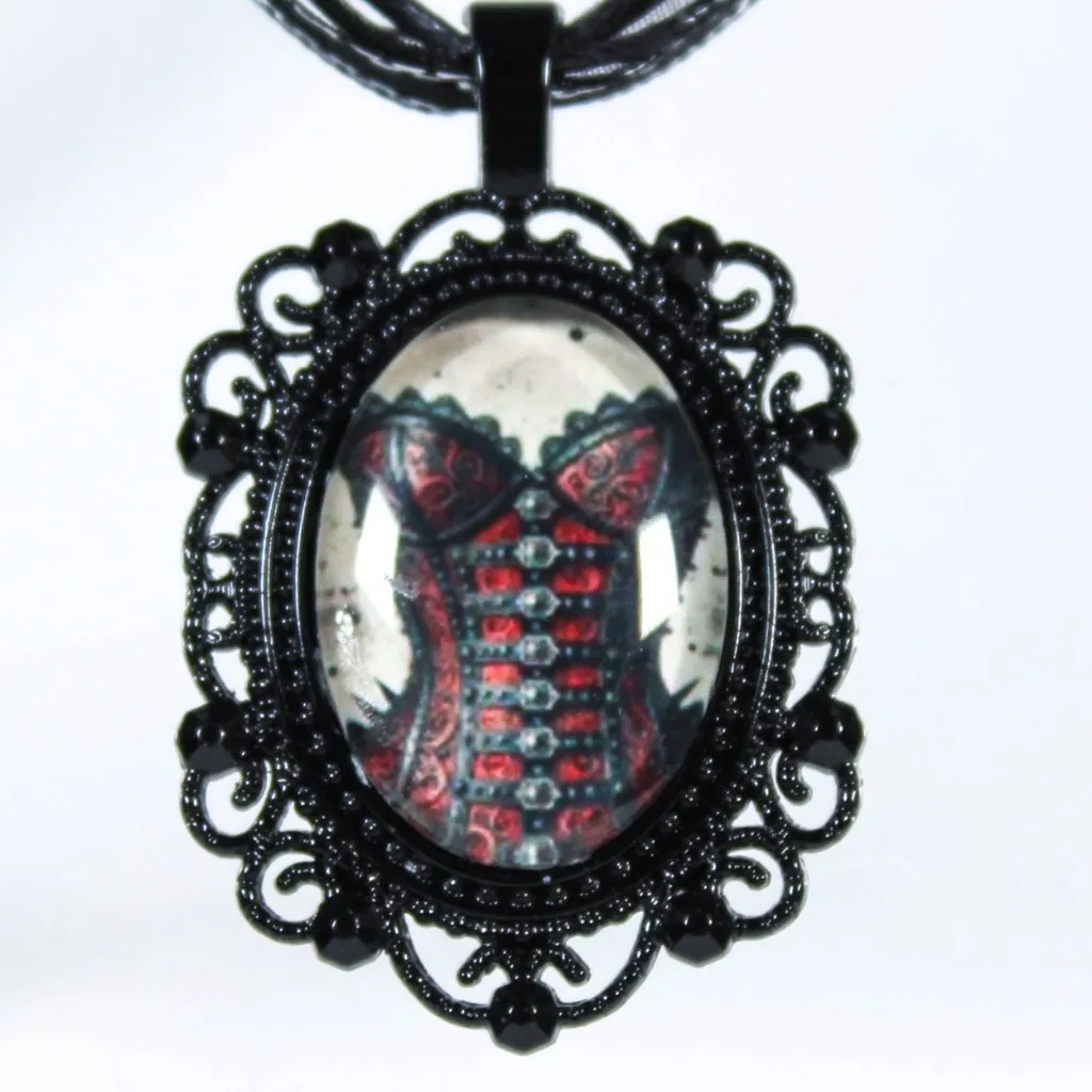 Gothic Black Ribbon Necklace with Red Corset Pendant Victorian Steampunk - Image 3