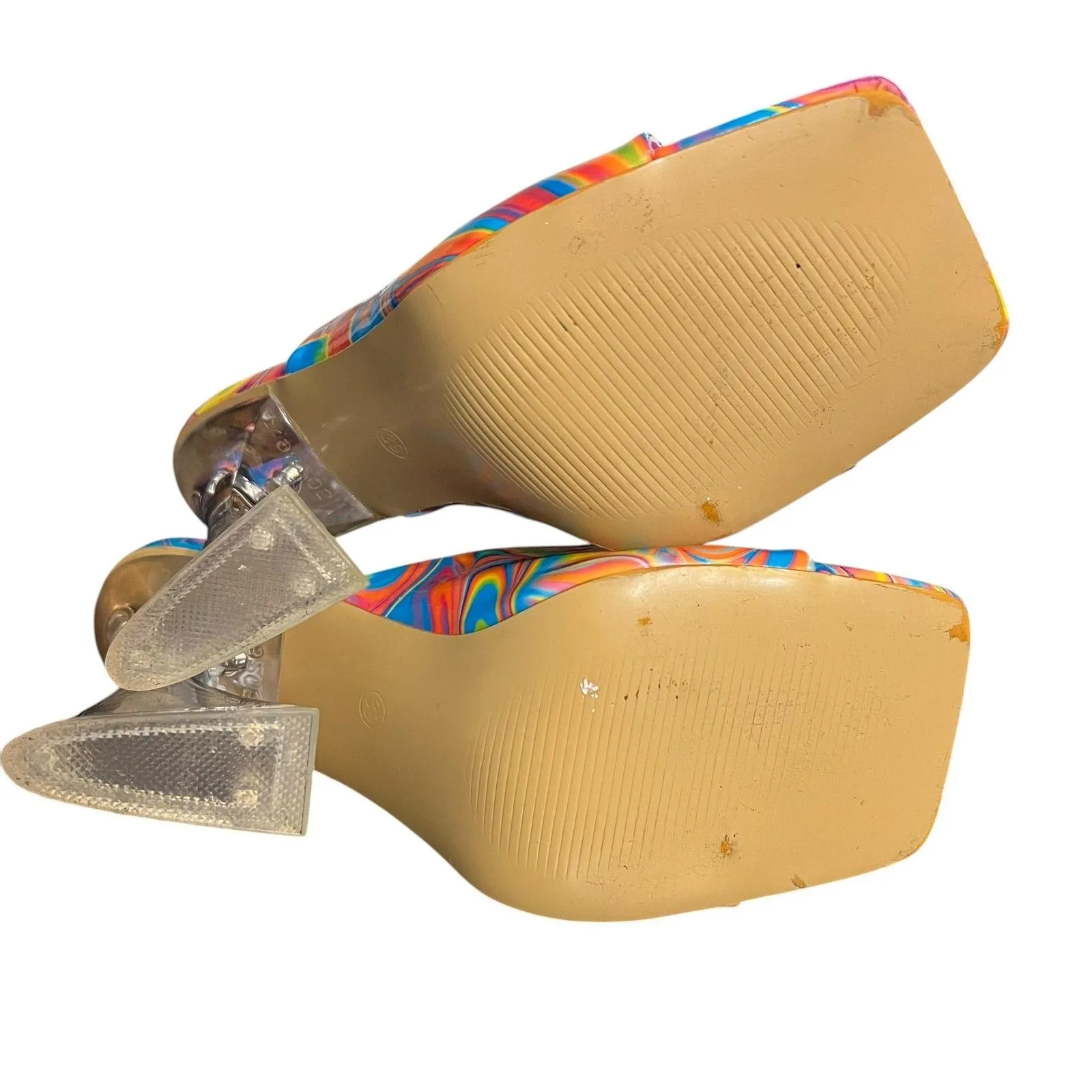 Rainbow Swirl Heels Shoes Womens Size 8.5 EU 39 Lucite Mule Square Toe Sandals Blue - Image 3