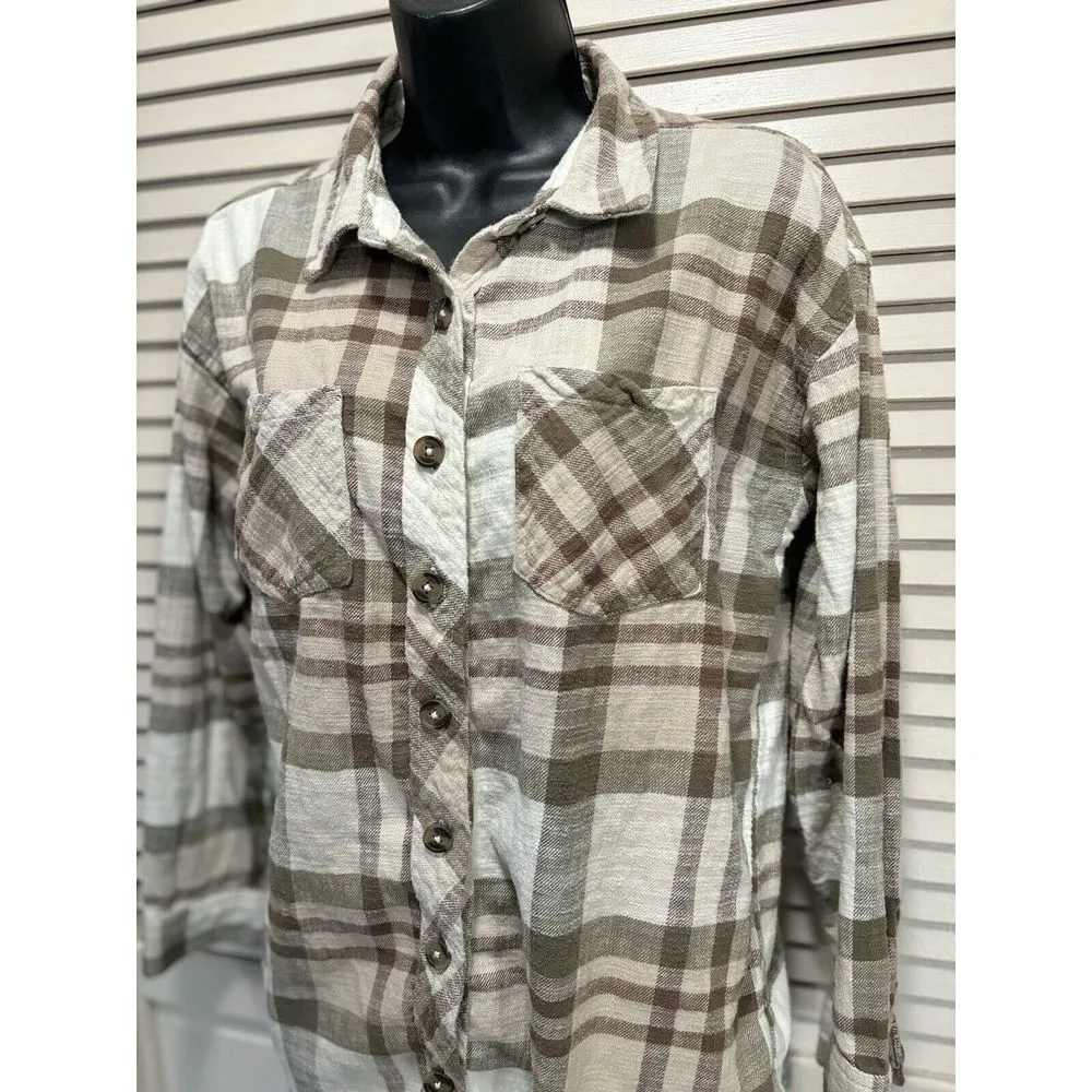 Maurices Tan/Cream Long Sleeve Flannel Shirt Plaid Size‎ Small Button Up Pockets - Image 2