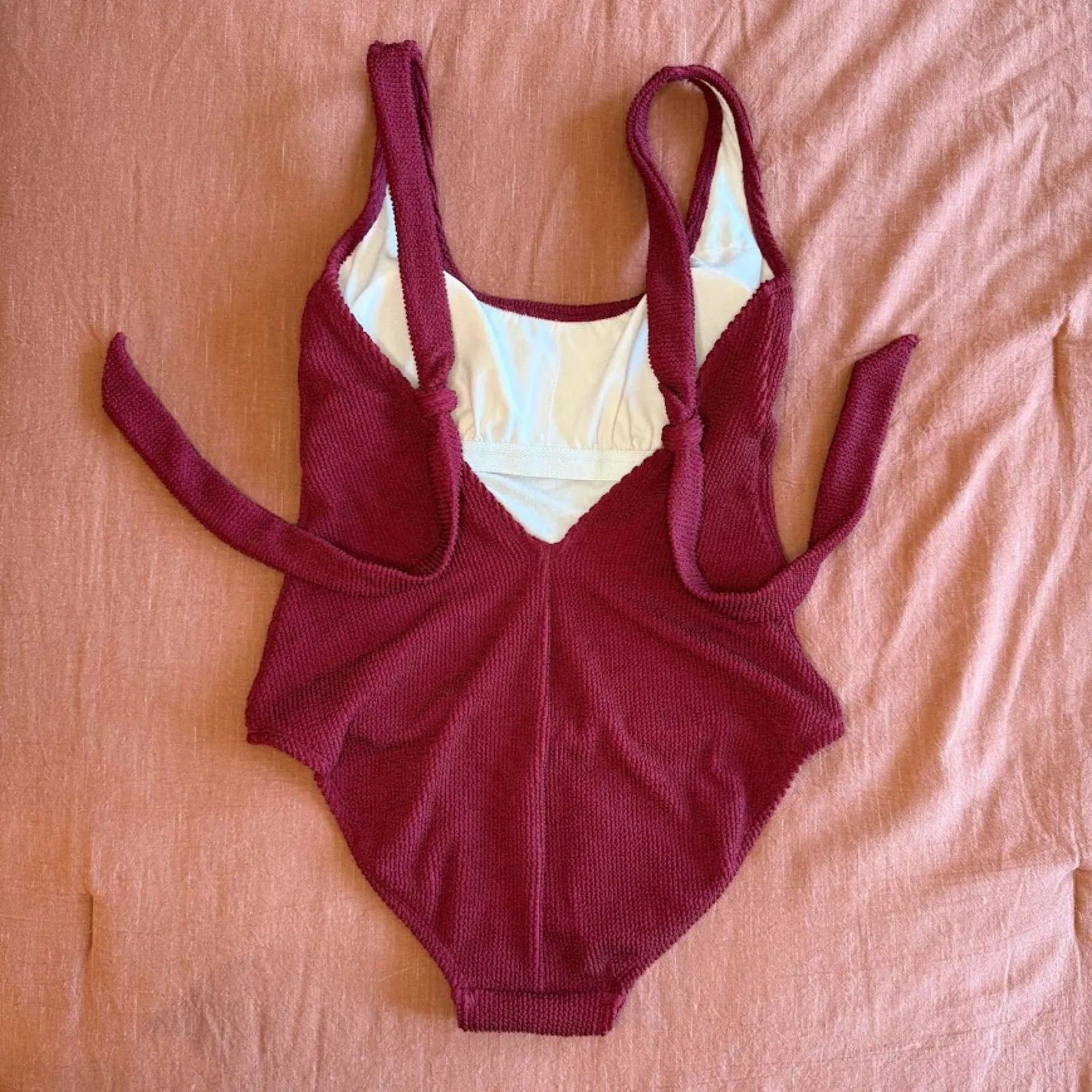 Kona Sol Crinkle Ribbed Scoop Tie Back Swimsuit in Burgundy Red Size Medium NWT - Image 5