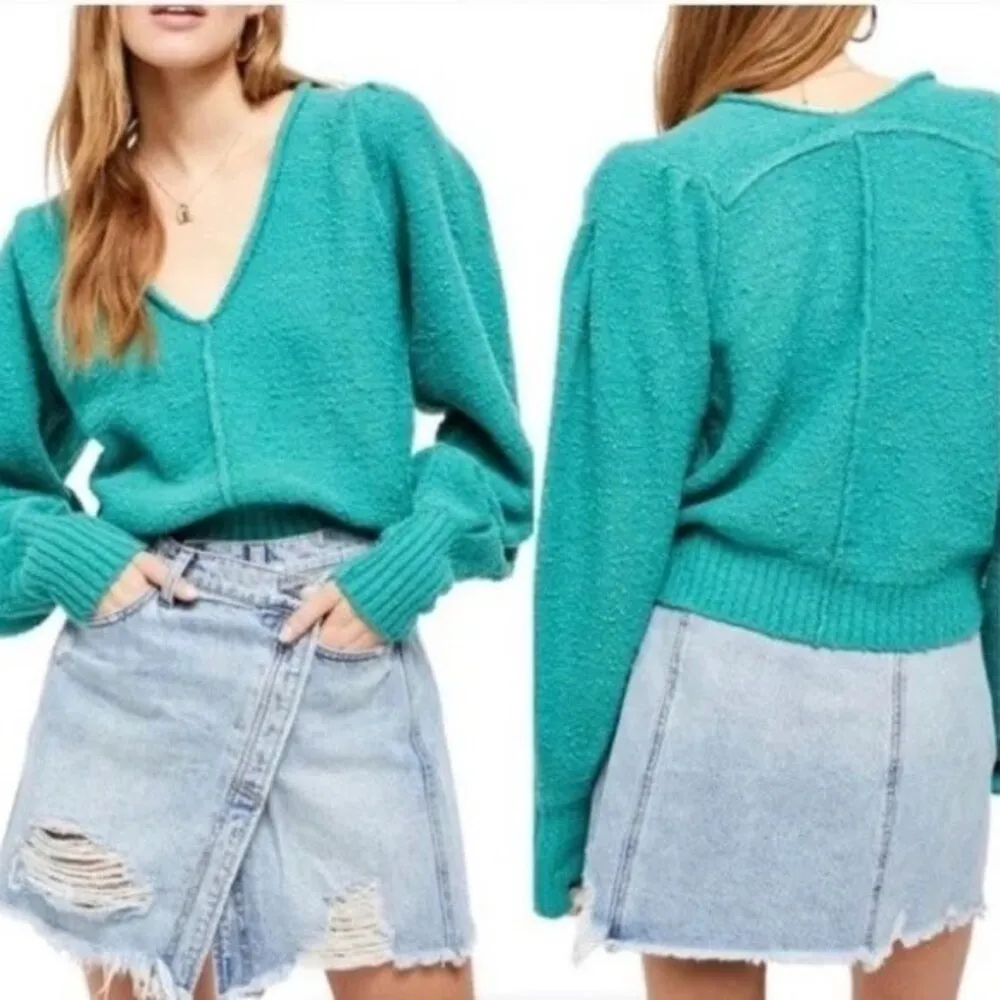 Free People Reverie Sweater Emerald Aura Green Statement Sleeves Size Small - Image 14