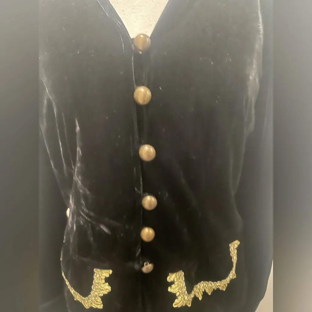 Hannah Jacket Black Velvet with Metal Buttons Gold Trim Women's Medium Vintage - Image 2