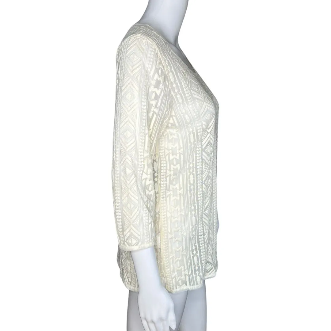 Eddie Bauer Shirt Women Small Cream Sheer Lace Top Embroidered‎ Mesh Feminine - Image 2