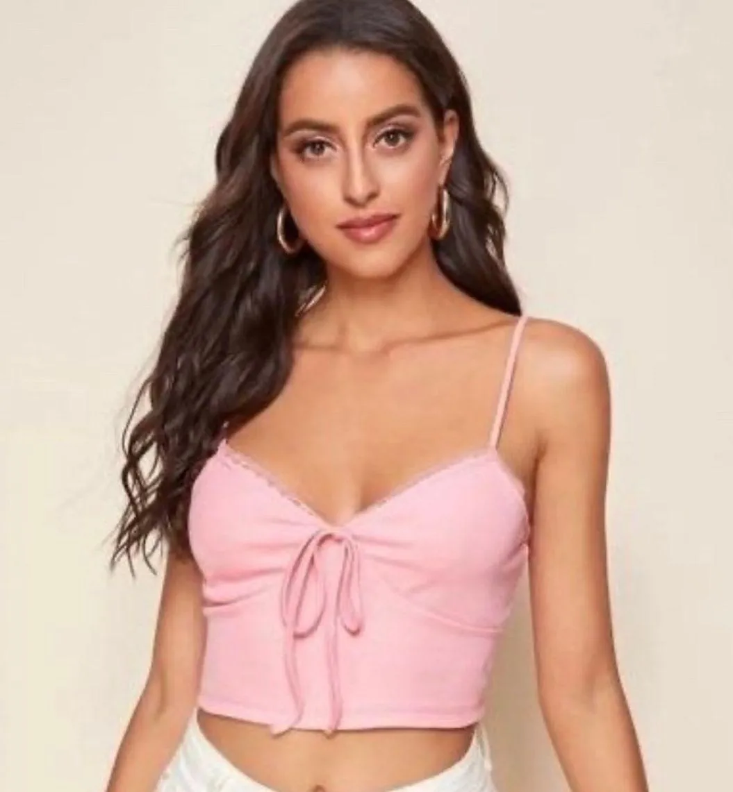 Light Pink Lace Trim Cami Crop Barbie Tank Top With Bow Size Small - Image 2