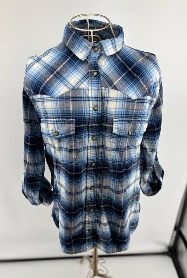 Jachs Girlfriend Bea Plaid Flannel Shirt Blue pearl snaps rollup cuff Women’s M - Image 1