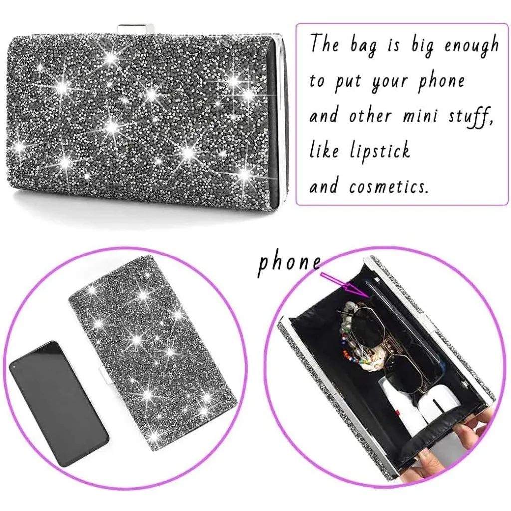 ⚡ Women's Glitter Double Sided Diamond Evening Clutch Crossbody Gray Bag - Image 3