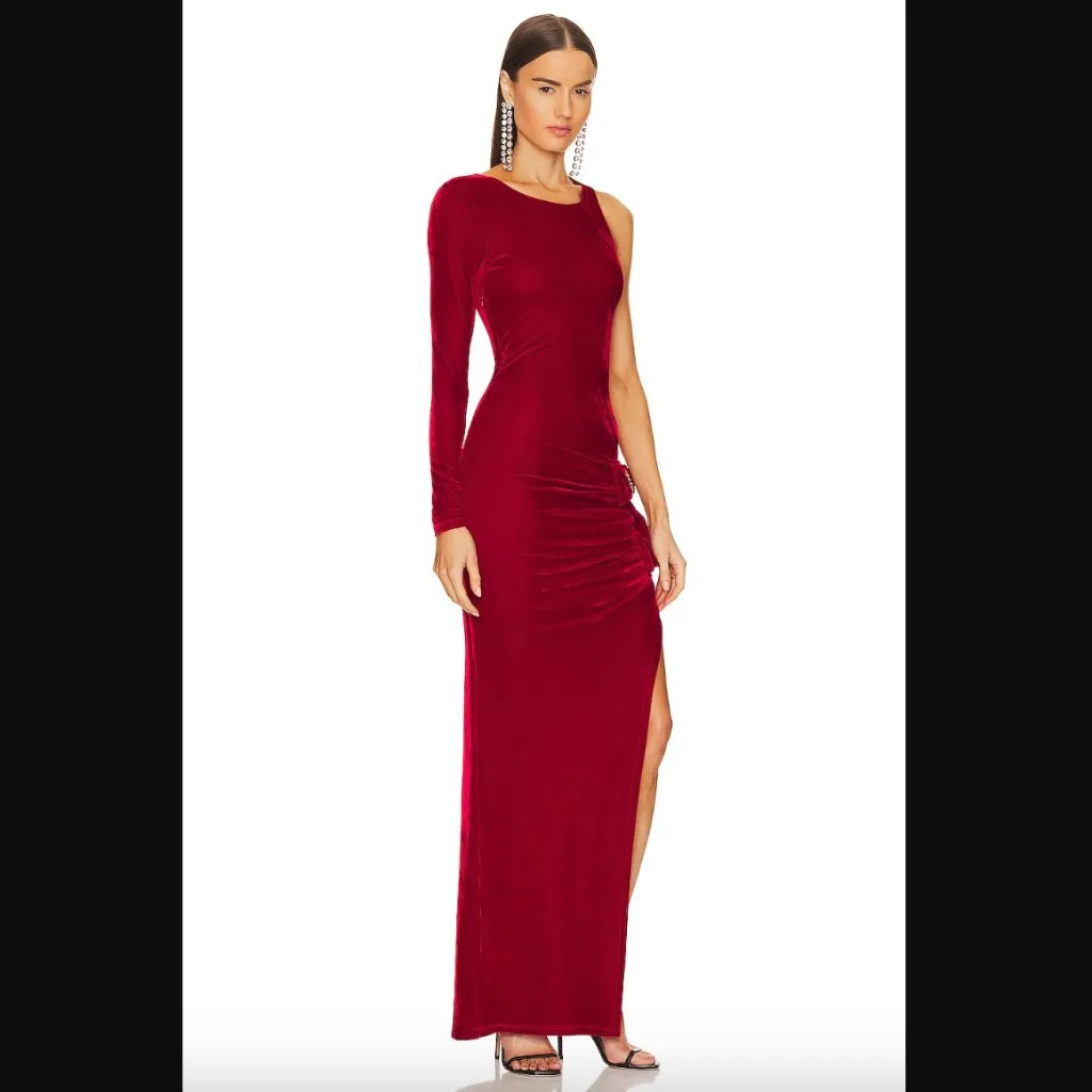 Lovers & Friends Edith Crimson Red Velvet Cut Out Long Sleeve Gown S - Image 3