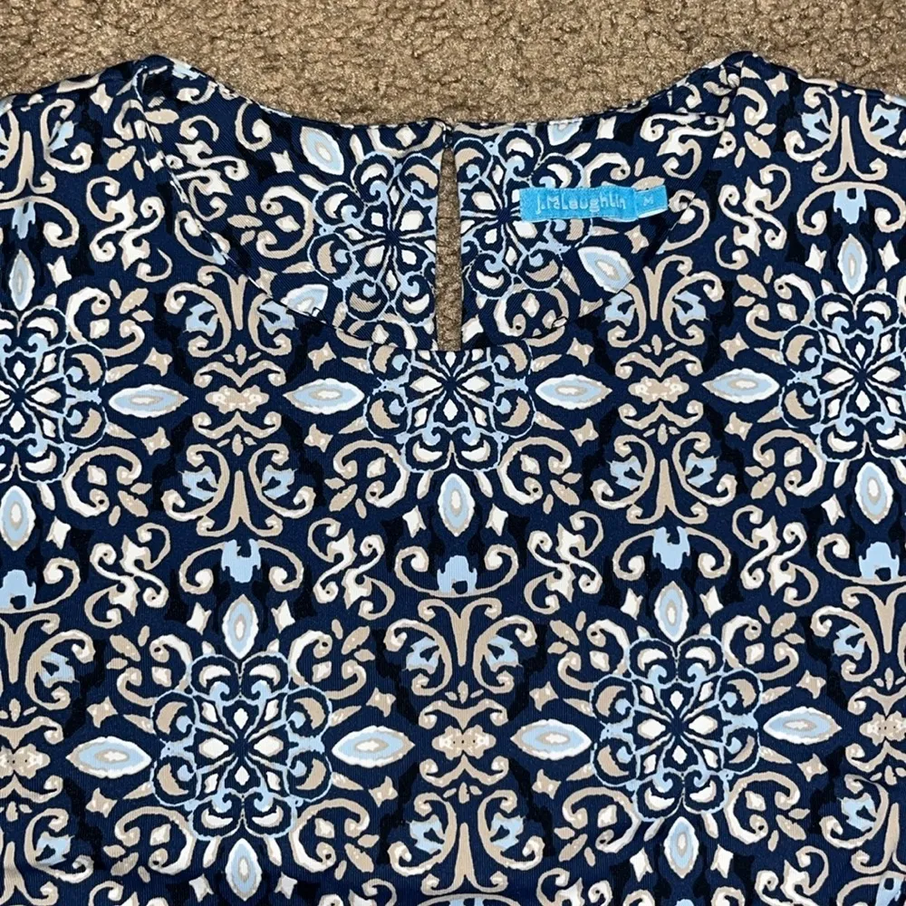 J. McLaughlin Catalyst 3/4 Sleeve Crew Neck Catalina Cloth Dress Blue Medallion - Image 3