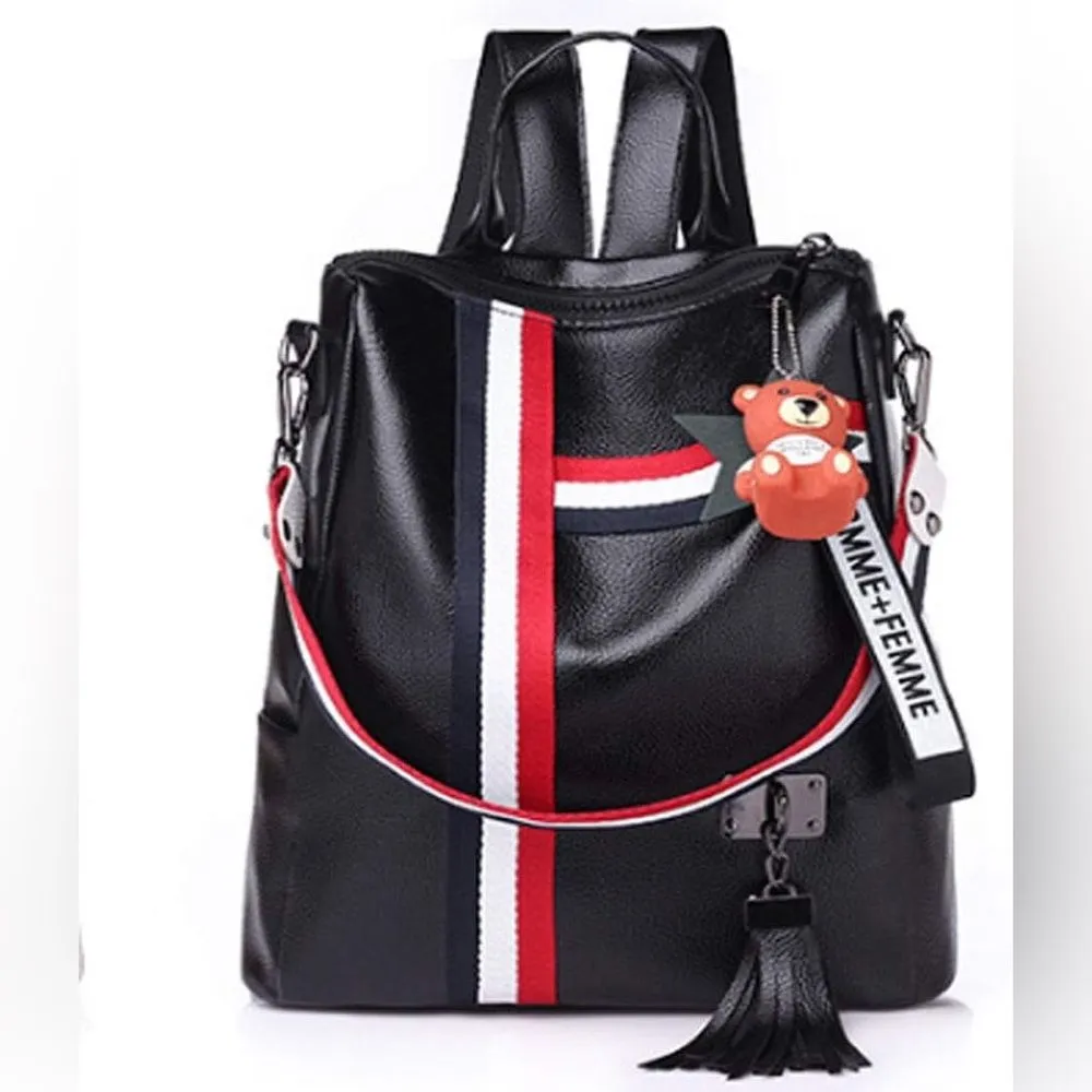 Faux Leather Black Convertible Backpack Bear Charm Work Travel Bag Overnight - Image 2