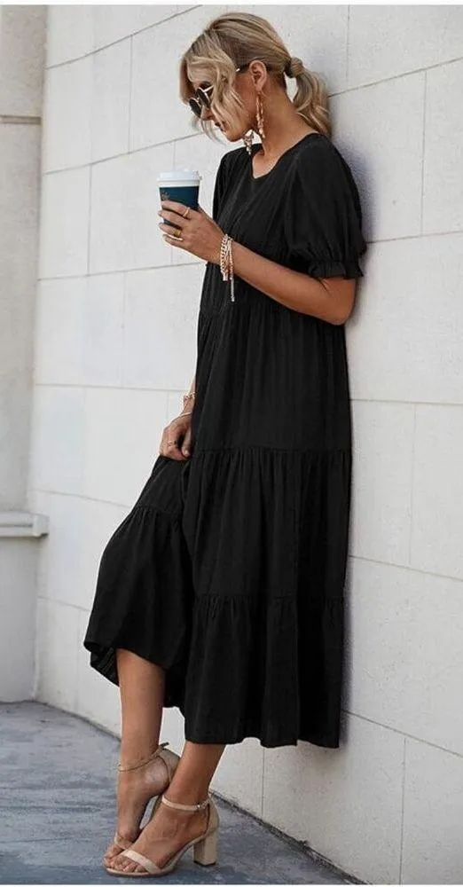 NEW Ruffle Puff Sleeve High Waist Midi Beach Dress L 12/14 Black Size L - Image 3