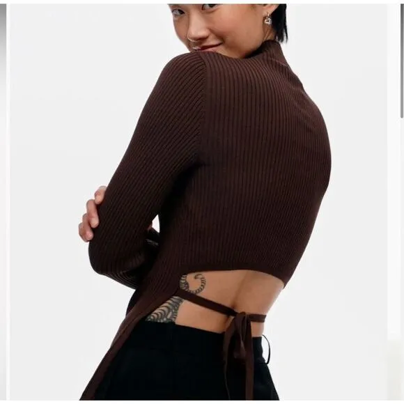 Babaton Aritzia Sweater Sz Xs Sculpt Knit Tie Open Back Ribbed Brown Mockneck​ - Image 3