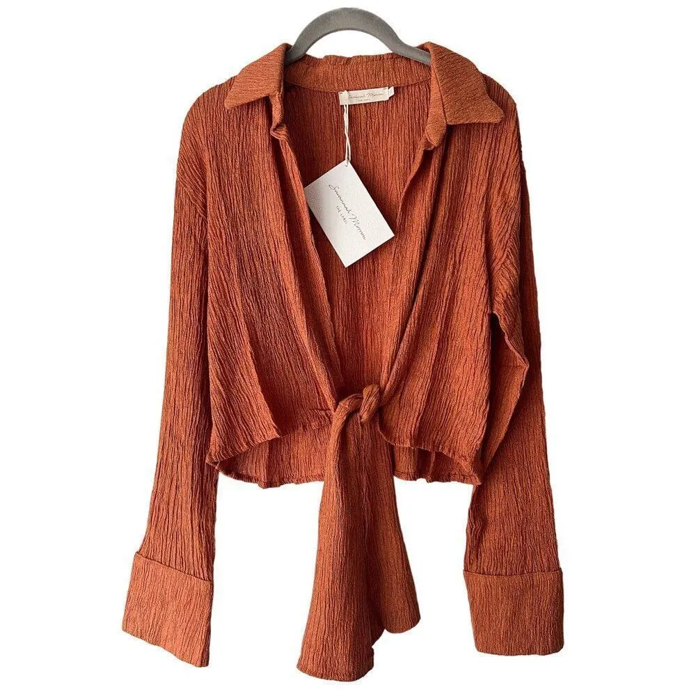 Savannah Morrow Vea Blouse in Papaya NWT M Silk Long Sleeve Tie Front Crop Top Red Size M - Image 5