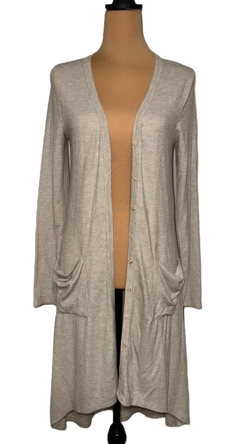 FORE Button Front Duster Cardigan Long Sleeve Pockets Knit Beige Women's Size L Tan Size L - Image 1