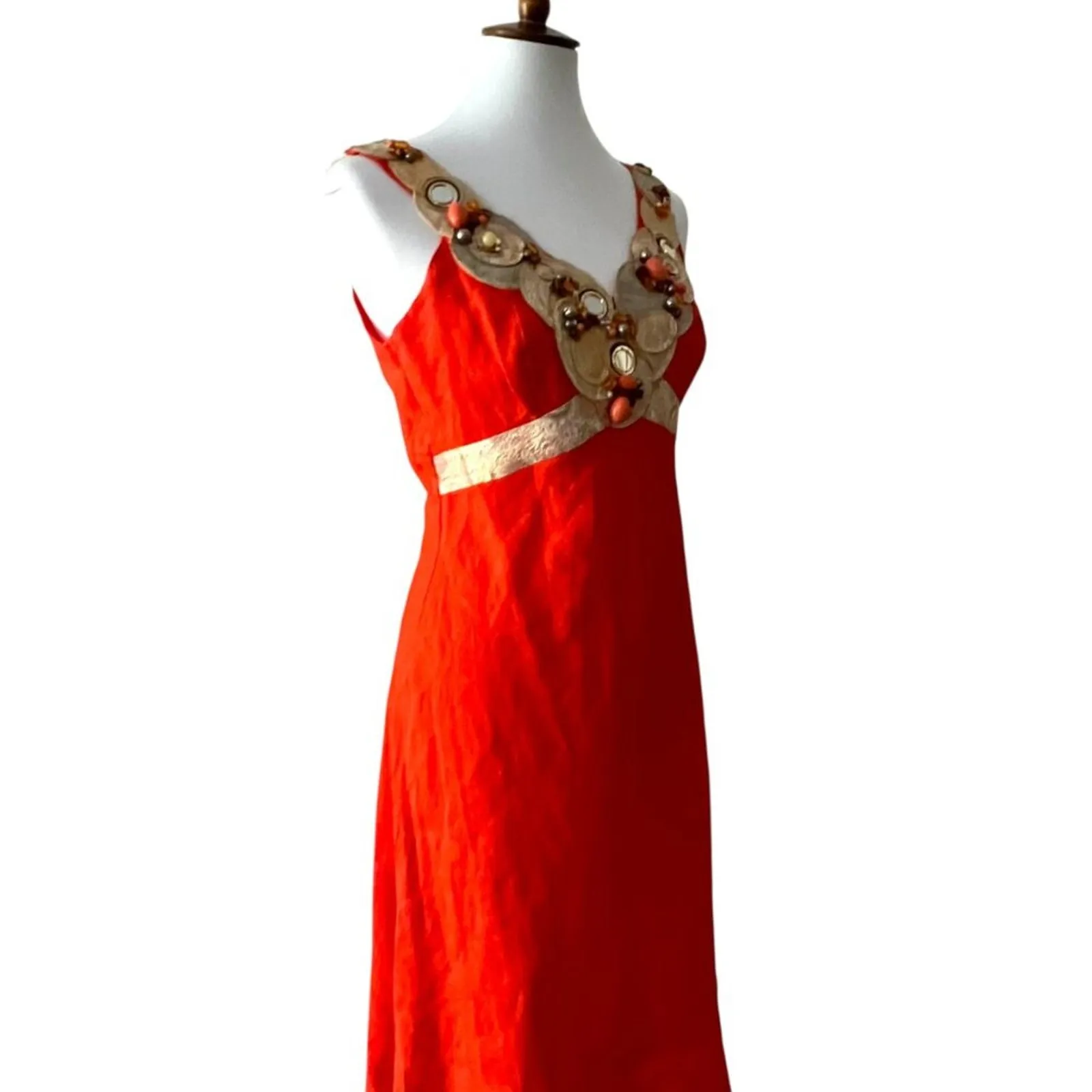 Vintage Medium Dress Y2K Cocktail Paris Beaded Linen Large Rene Derhy RARE Boho Orange - Image 5
