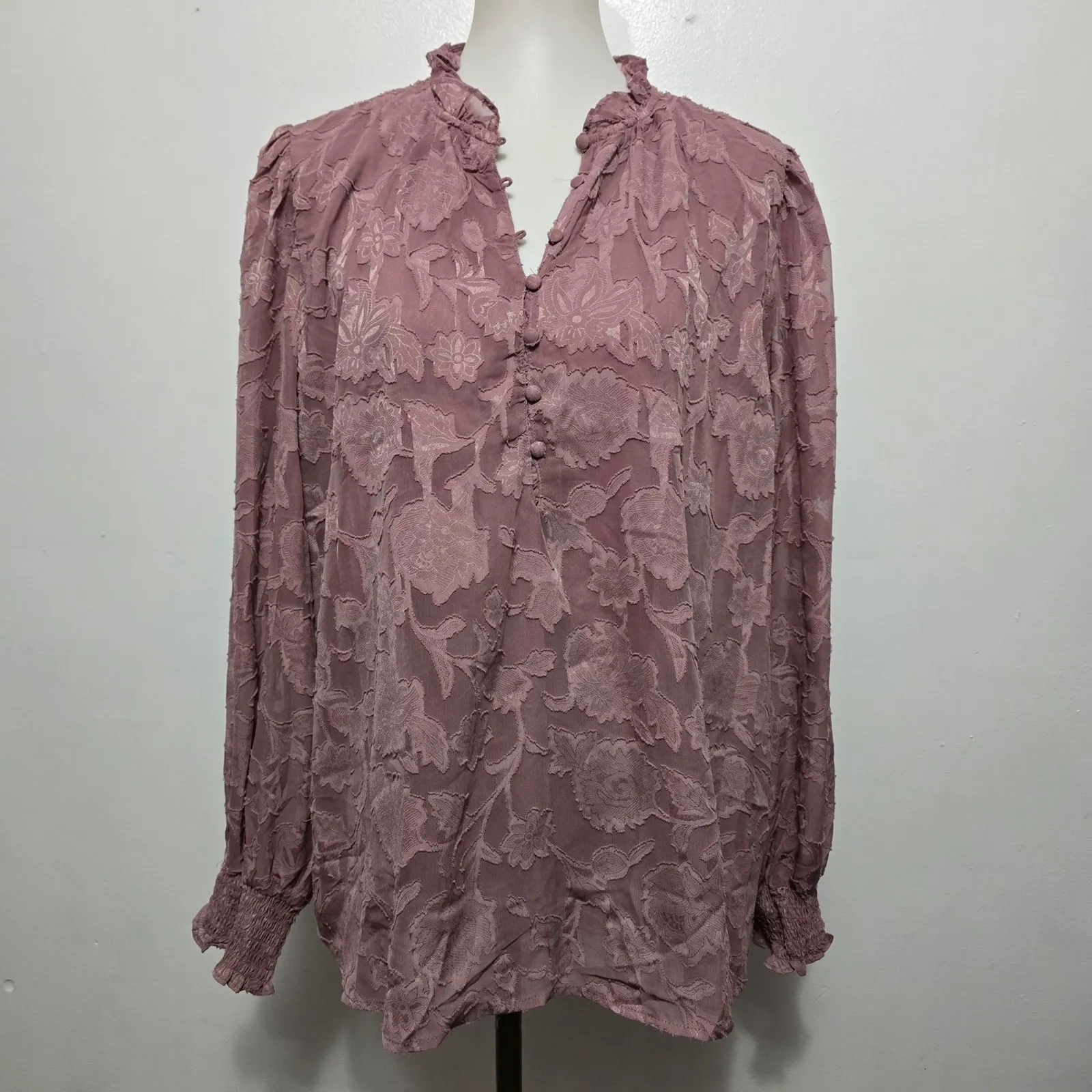 autres filles mauve floral burnout bishop sleeve mock neck blouse 1X Romantic Purple - Image 2