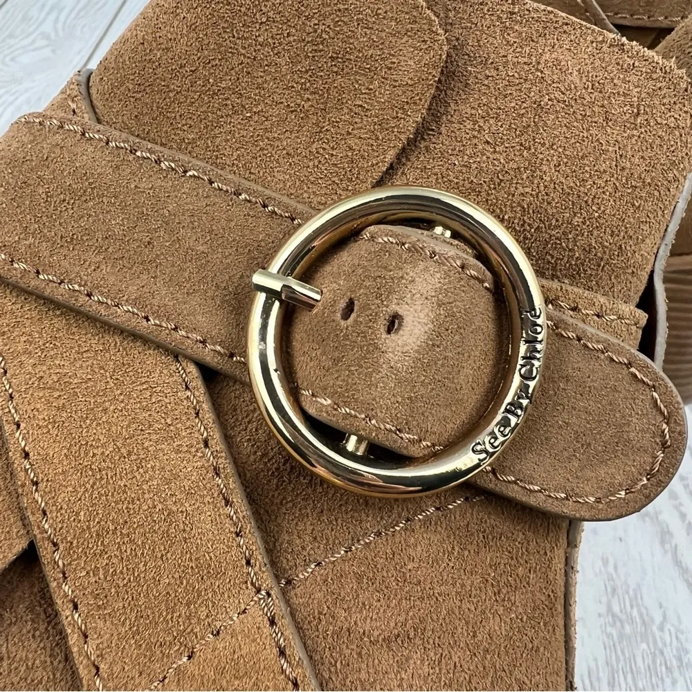 See by Chloé Suede Buckle Ankle Booties 37.5 Tobacco (Tan) & Goldtone Metal $525 - Image 5
