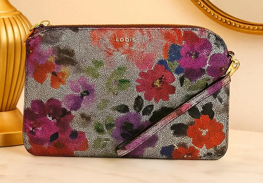 Lodis Floral Print Reptile Embossed Leather RFID Wristlet Clutch NWOT Multicolor Silver - Image 1