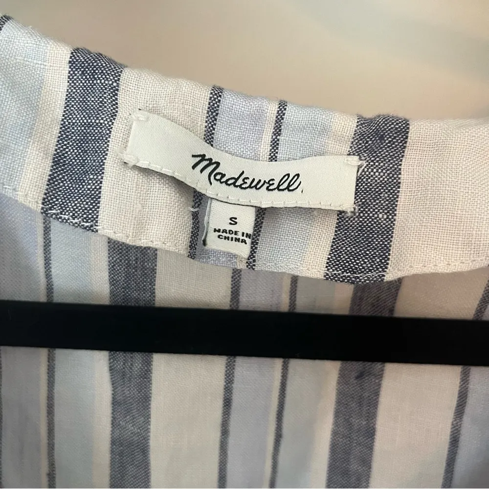 Madewell 100% Linen Easy Dress Side Button Striped Blue and White Women’s Small - Image 8
