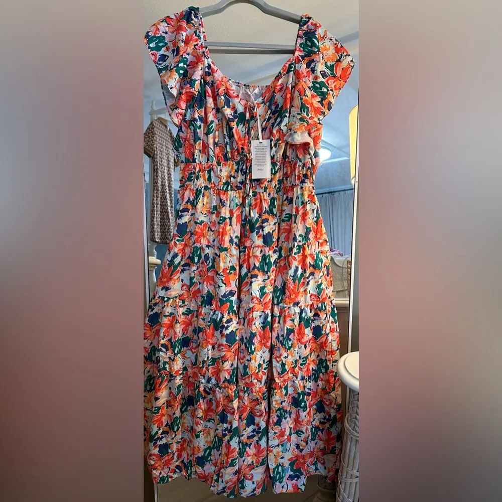 NEW Floral Ruffle Sleeve Empire Waist A-Line Maxi Tiered Dress Pockets 2X - Image 4