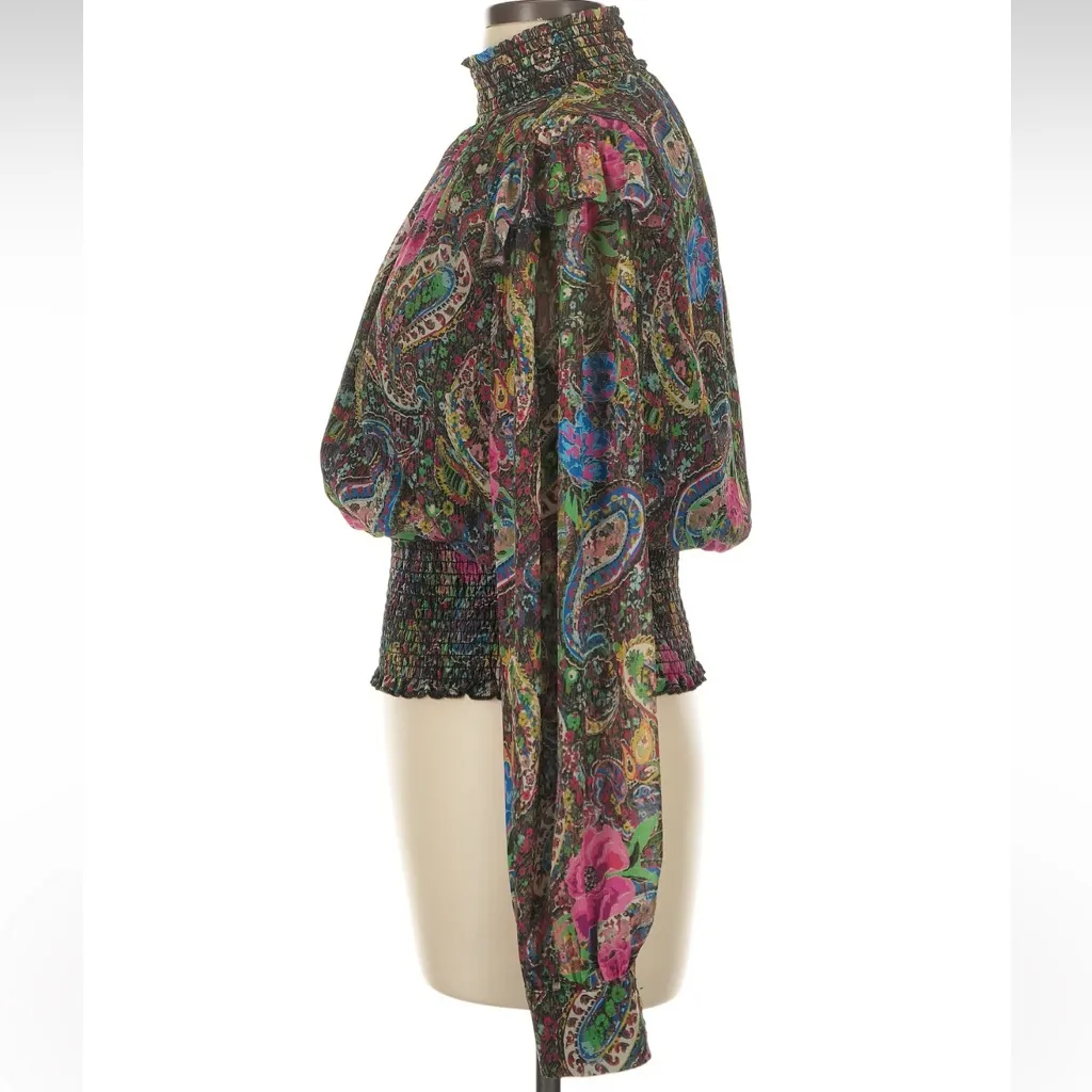 Lavender Brown Paisley & Floral Smocked Blouse with Mandarin Collar Size Large L - Image 5