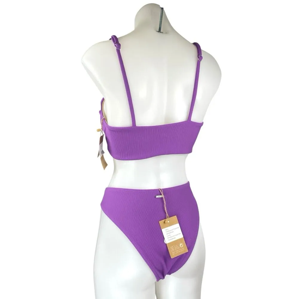 NEW Berlook Purple Ribbed Knit Twist Front Two Piece Set Swimsuit Swimwear Sz L Size L - Image 2