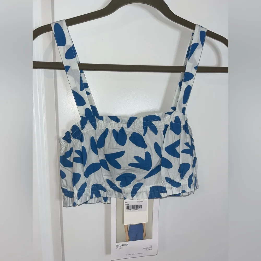 Compañia Fantastica NWT Crop Top Bralette 100% Cotton Blue White Abstract Print - Image 3