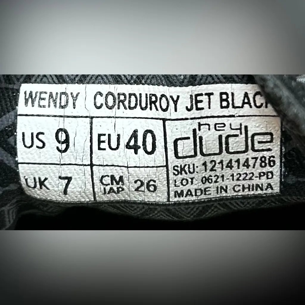 Hey Dude Size 9 Wendy Corduroy Jet Black Slip On Shoes - Image 5