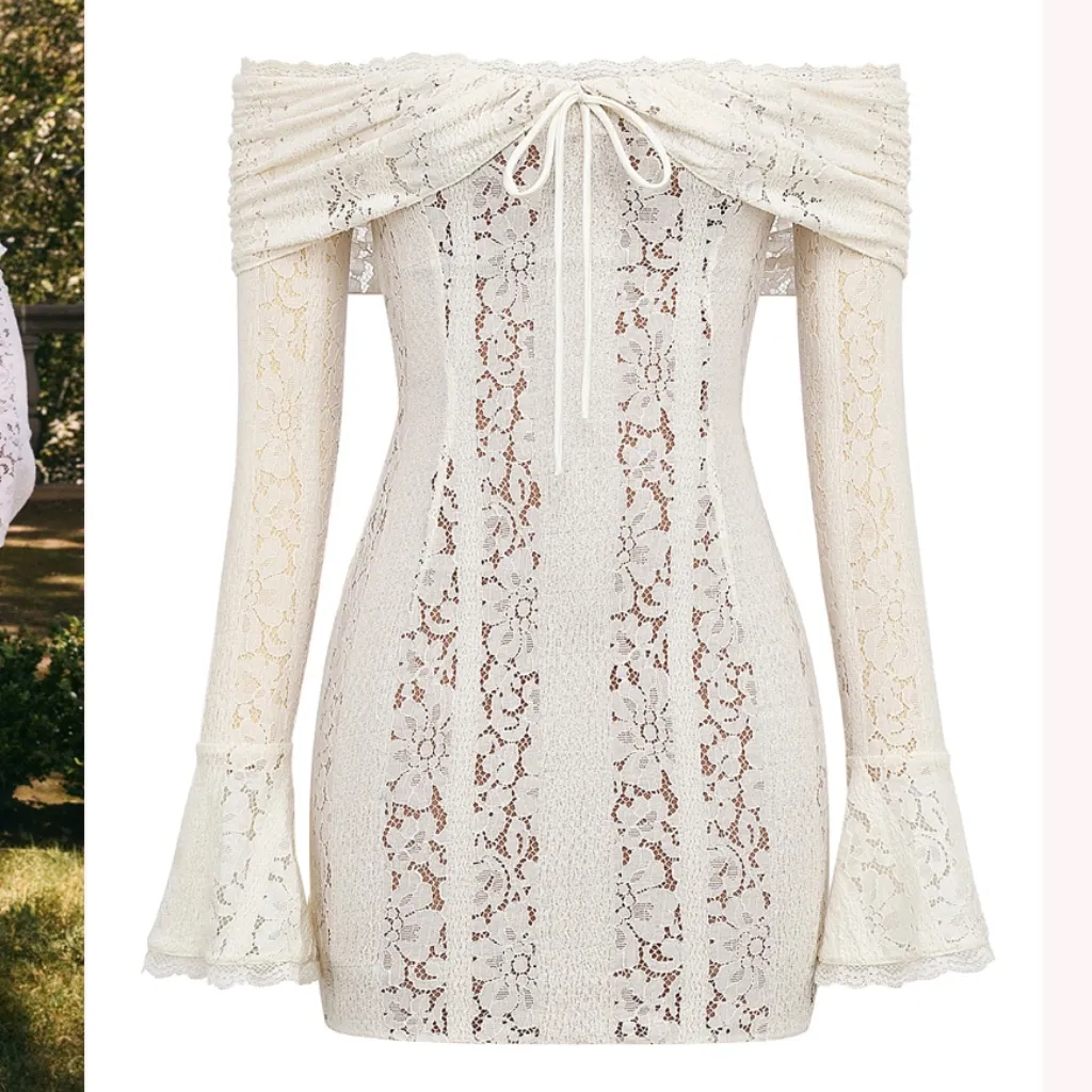 House of CB Sadie Vintage Cream Floral Lace‎ Off Shoulder Mini Dress NWOT size L - Image 8