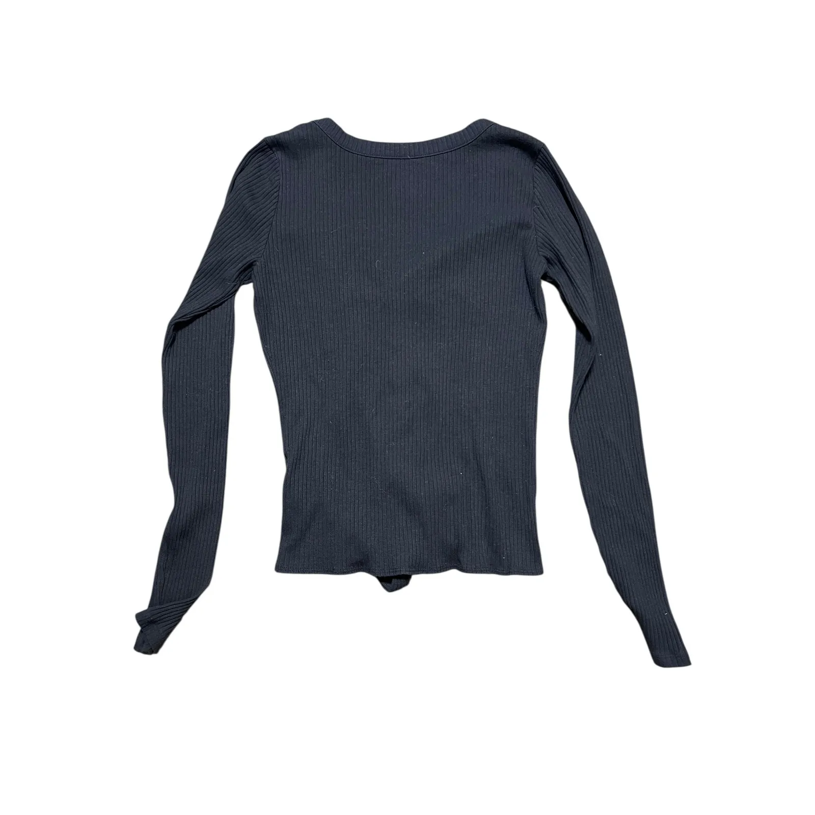 Hollister Black Ribbed V Neck Button Front Tie Waist Long Sleeve Top Medium Y2K - Image 2