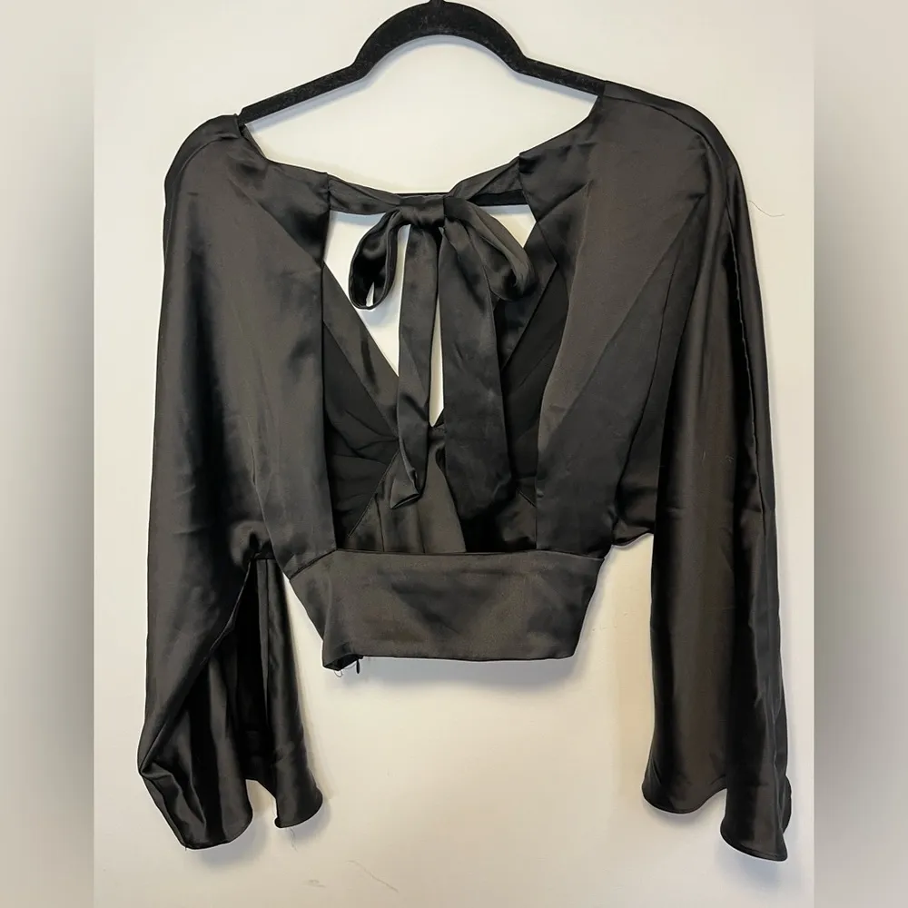 Zara V-Neck Cropped Tie Back Oversized Sleeve Statement Top Sz S - Image 6