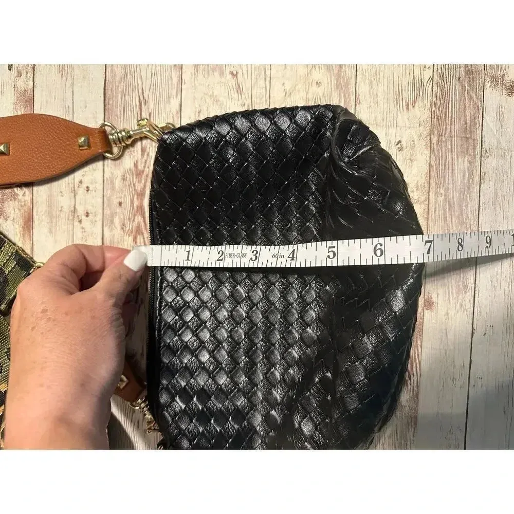 Crossbody Purse Black Woven Camo Adjustable Strap Gold Hardware Faux Leather - Image 8