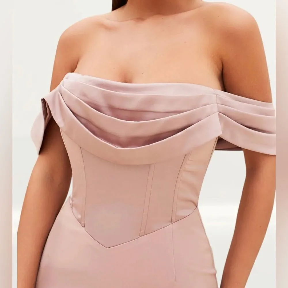 Lavish Alice Mink Pleated Bardot Satin Mix Midi Dress - Image 7